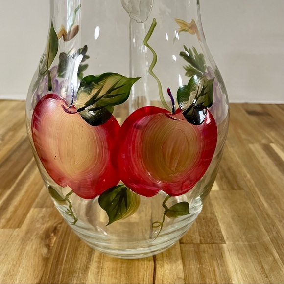 Hand Painted Fruit Clear Glass Pitcher Carafe Grapes Apples Elegant Farmhouse - Picture 5 of 12